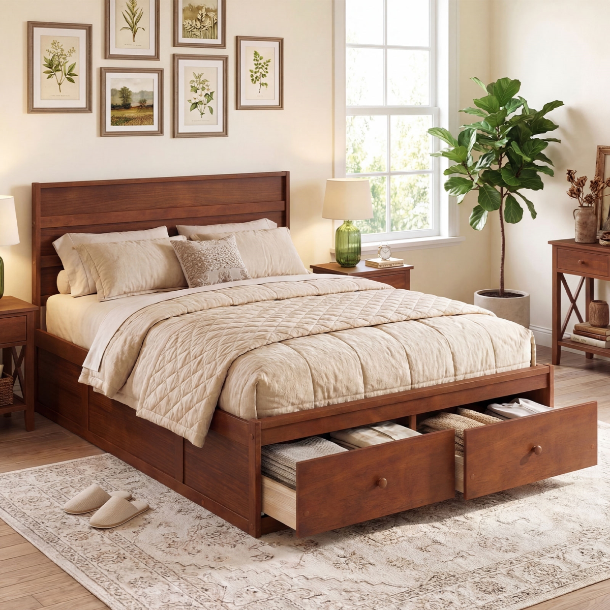 HU11367BN-F Wooden Platform Bed Frame with Storage Drawers - Walnut - Full Size