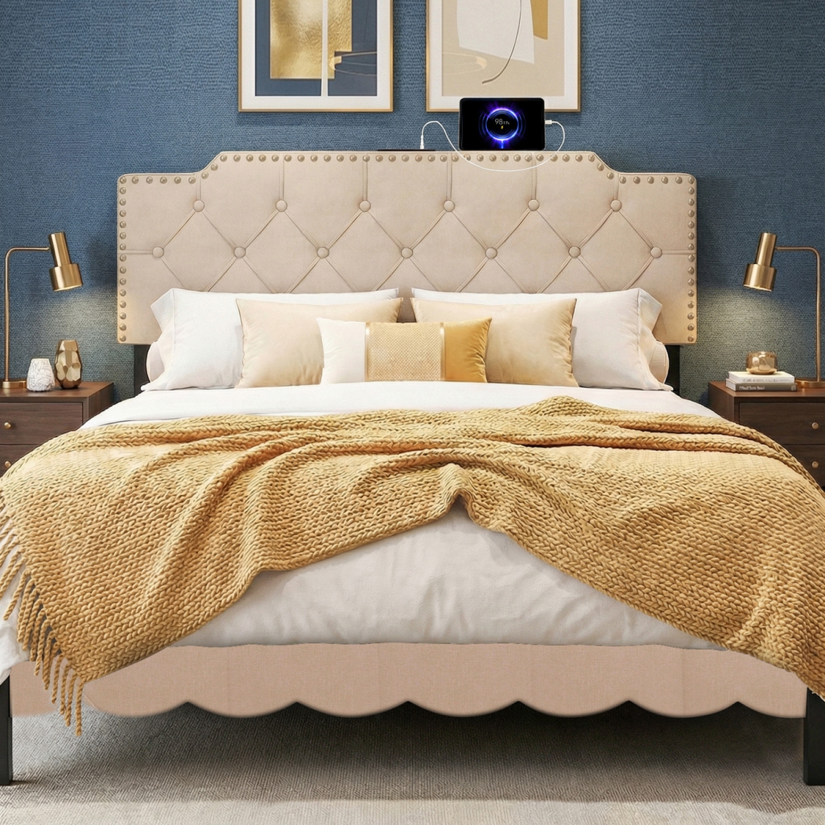 HU11376BE Headboard for Queen & Full Size Bed Rivet Tufted Upholstered Head Board - Beige