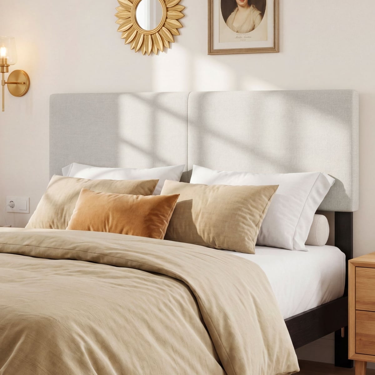 HU11400BE Upholstered Headboard for Queen & Full Size Beds Vertical Quilted Linen Fabric Bed Frame Mount Panel - Beige