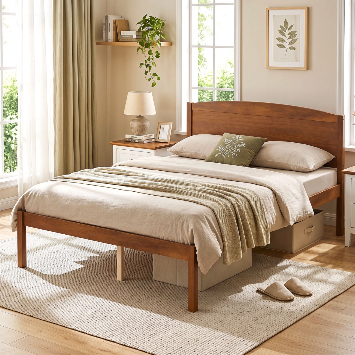 HU11498WN-F Wooden Platform Bed Frame with Curved Headboard - Walnut - Full Size