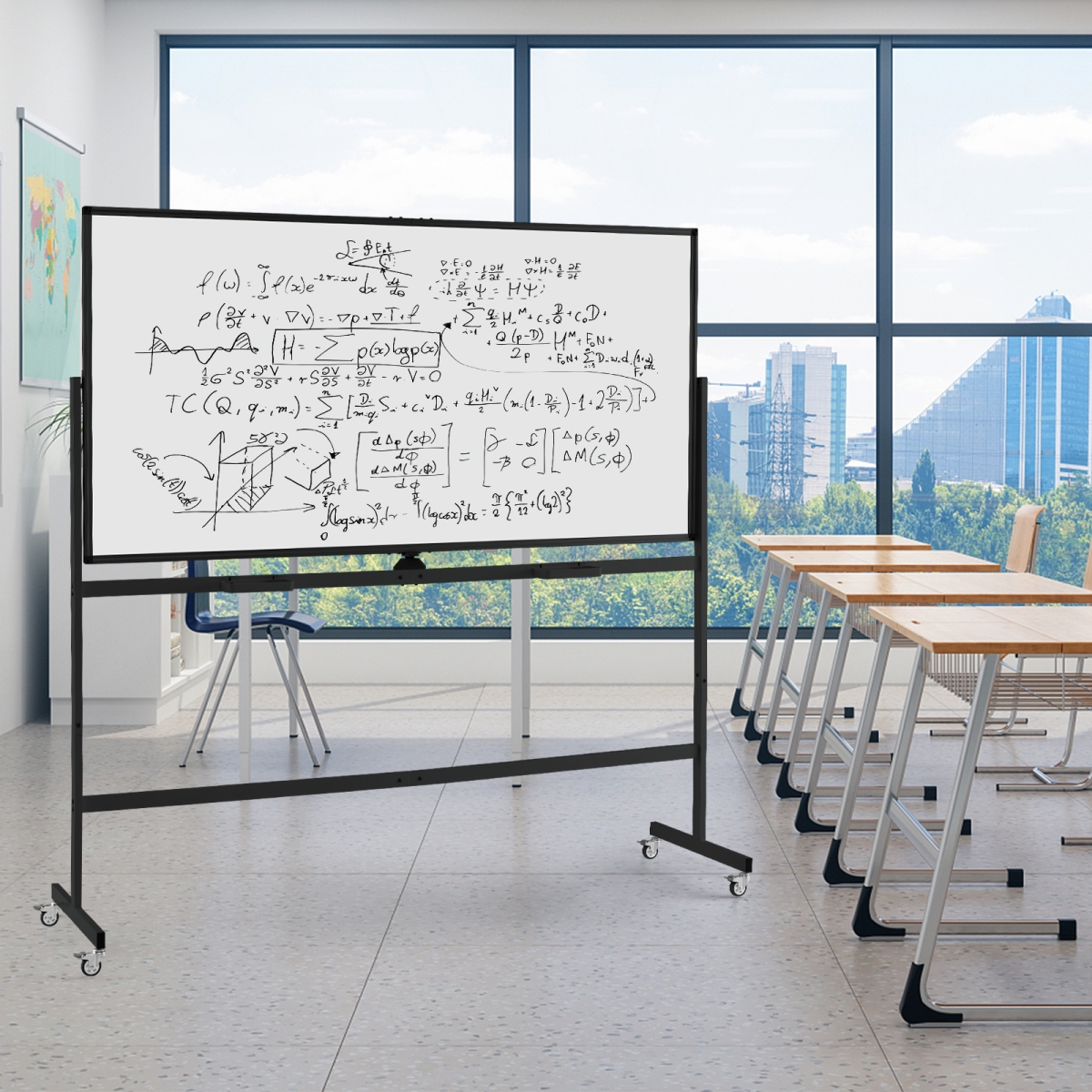 CB10858DK Rolling Double-Sided Magnetic Whiteboard on Wheels with Stand & Aluminum Alloy Frame - Black