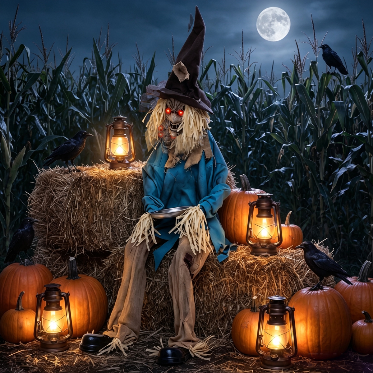CM25658 5.2 ft. Halloween Animatronic Scarecrow Decoration with Moving Head - Blue & Brown