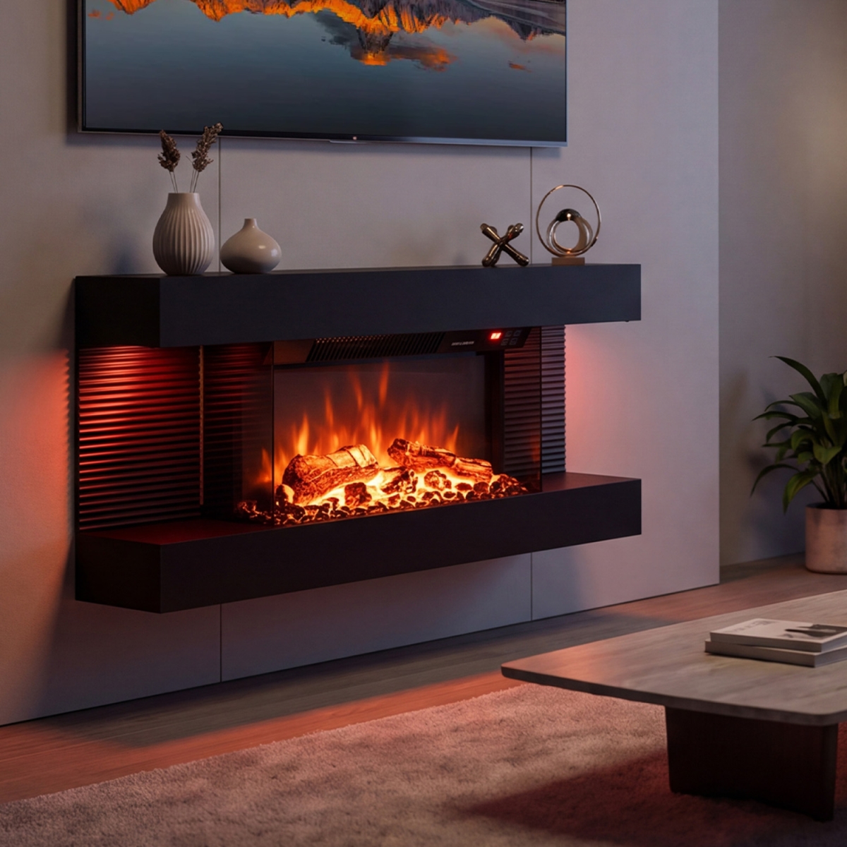 FP11227US-32BK 3-Sided Wall Mount Electric Wi-Fi Fireplace with Floating Mantel & 12 Flame Ambient - Black - 32 in.