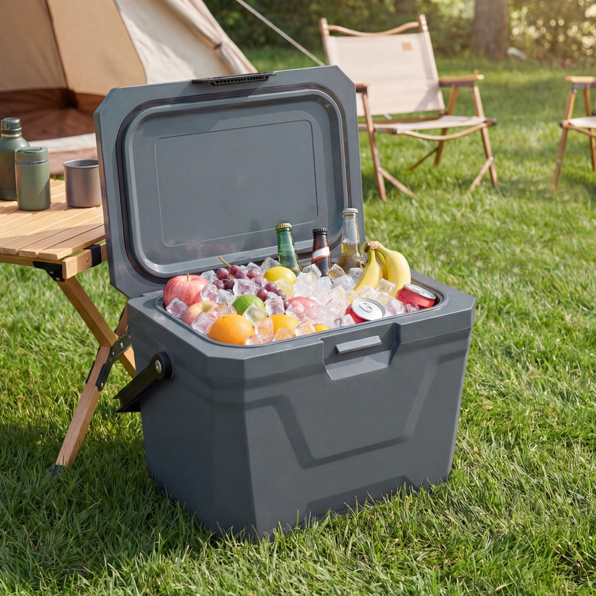 GP11795GR Insulated Portable Cooler Hard Shell Ice Chest with 2 Cup Holders - Gray