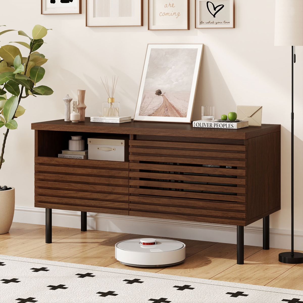 HV10889WN Mid Century Fluted TV Stand for 40 in. TV Modern Entertainment Center with Open Compartment - Walnut