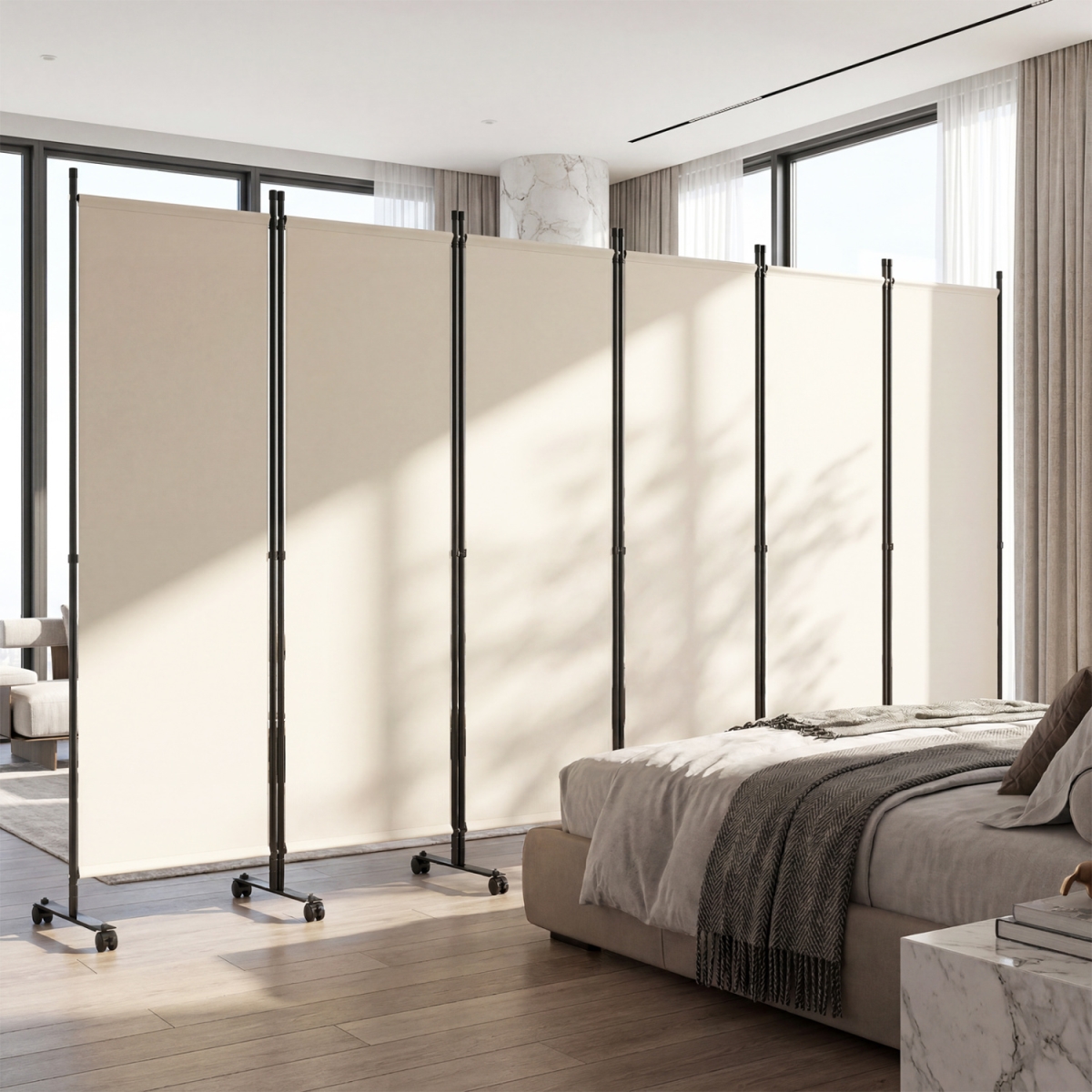 HV10995BE 6-Panel Folding Room Divider with Rolling Wheels & Support Feet - White