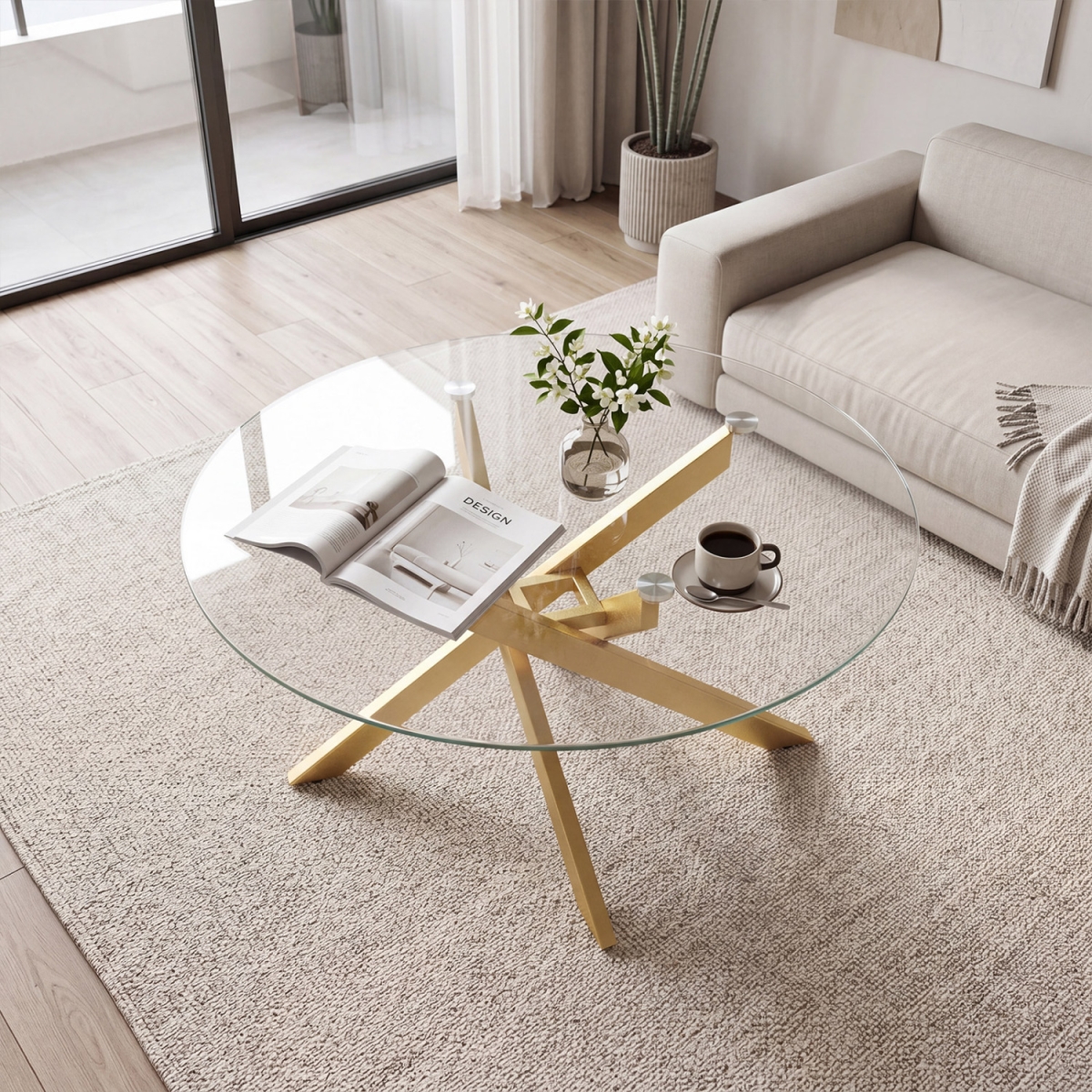 HV11008GD Glass Coffee Table Round Clear Center Table with Tempered Glass Top - Golden