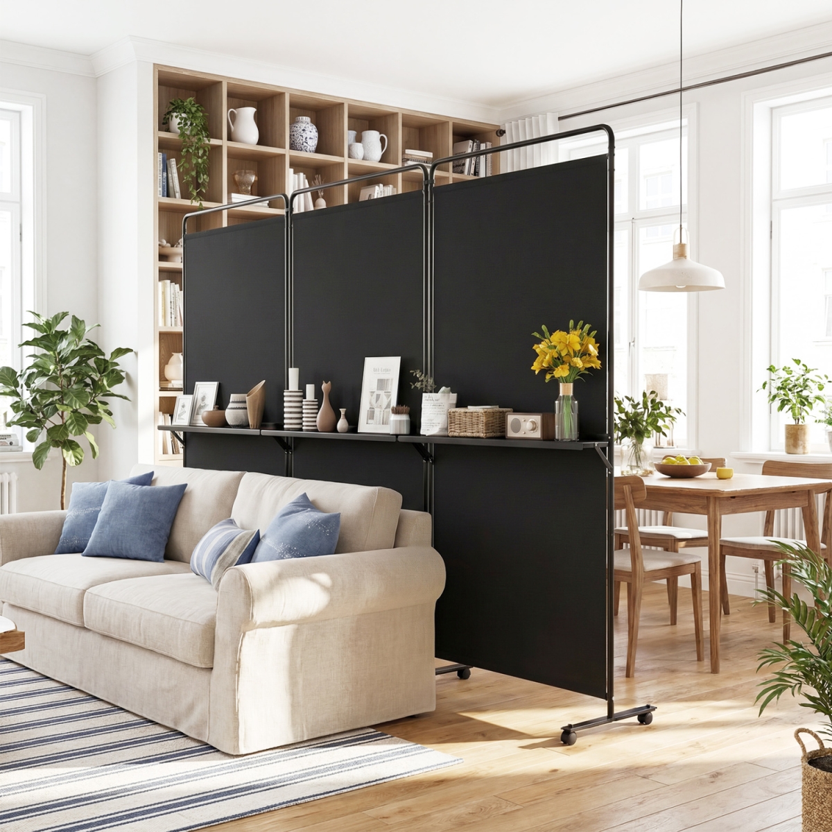 HV11025BK 3-Panel Room Divider with Shelves 6 ft. Tall Folding Privacy Screen with Lockable Wheels - Black
