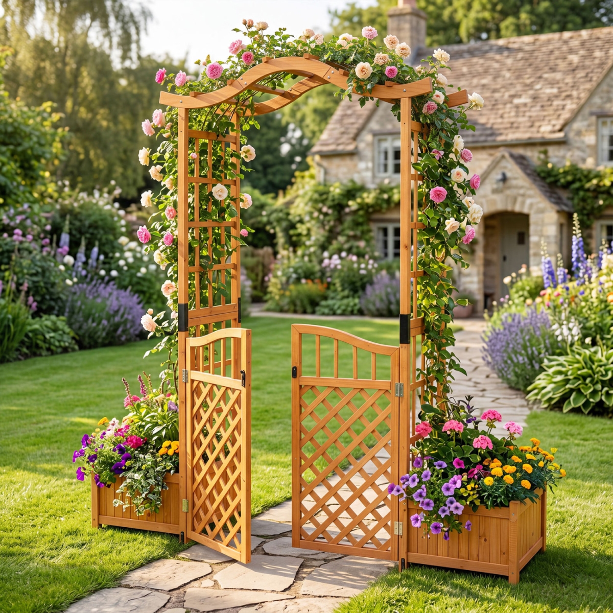 GT4640CF 83 in. Garden Arbor with Gate & 2 Planter Boxes - Yellow