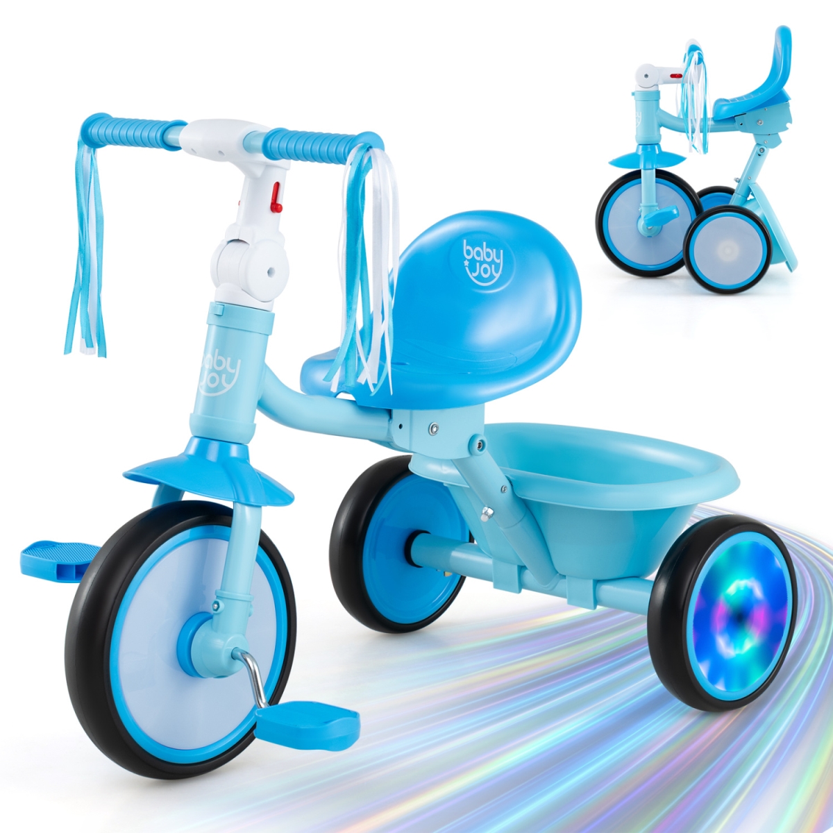 TS10461BL Foldable Toddler Tricycle with Lighting Wheels & Basket for 2-5 Year Old - Blue