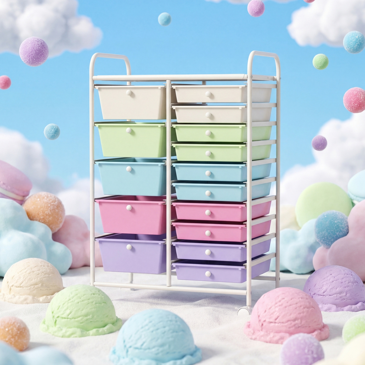 HW53825BQ 15-Drawer Utility Rolling Cart with Drawers Multi-Use Storage - Ice Cream Multi Color