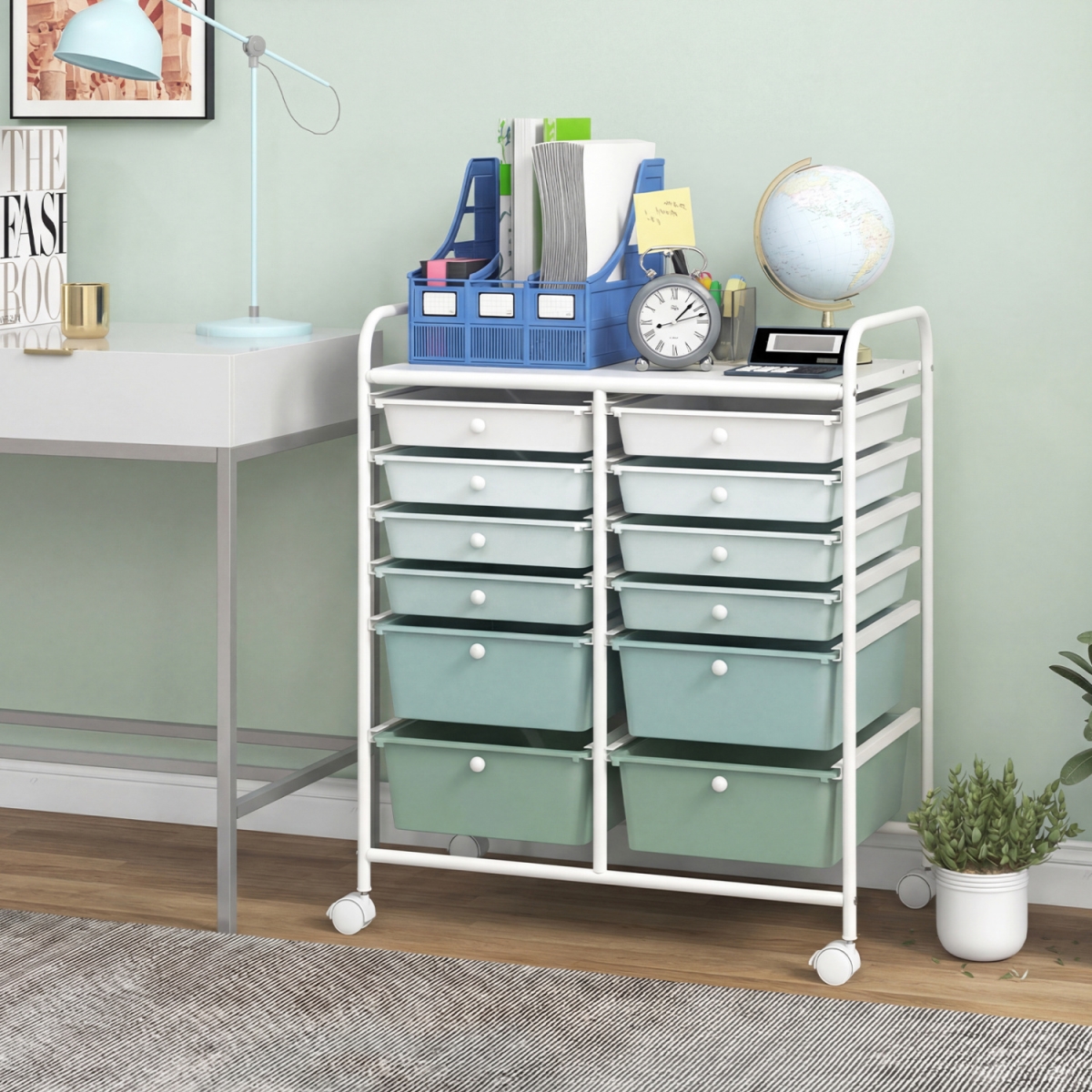 HW56500QR 12-Drawer Rolling Storage Cart with Removable Drawers & Lockable Wheels - Green Gradient