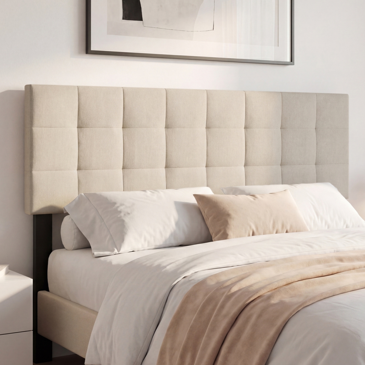 HU11401BE Upholstered Headboard for Queen & Full Size Beds Quilted Grid Linen Fabric Bed Frame Mount Panel - Beige