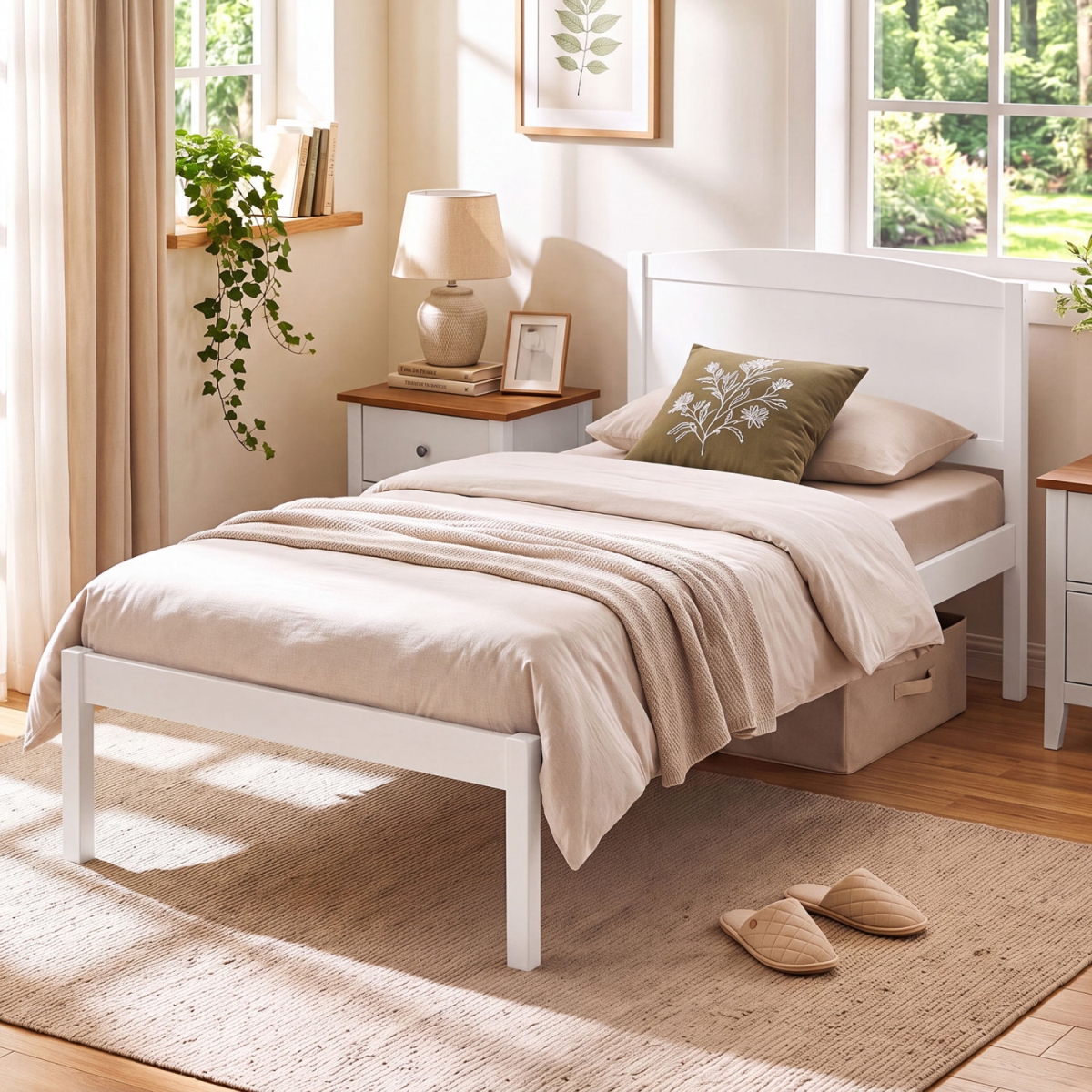 HU11498BS-T Wooden Platform Bed Frame with Curved Headboard - White - Twin Size