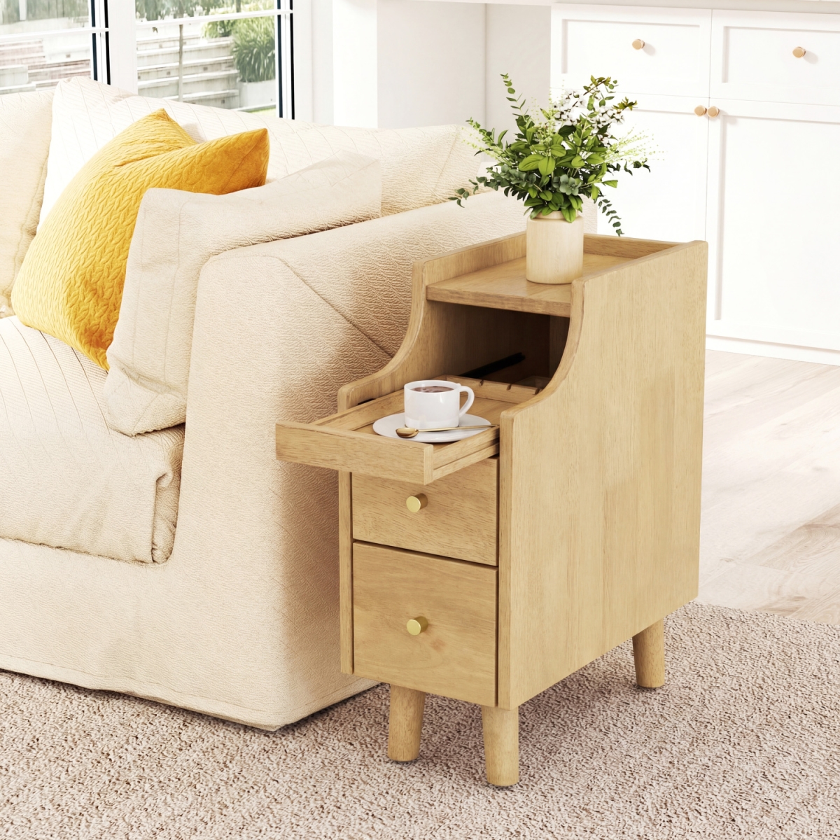 HU11058NA Solid Wood Night Narrow Bedside Table Nightstand with Pull-Out Tray & 2 Storage Drawers - Natural