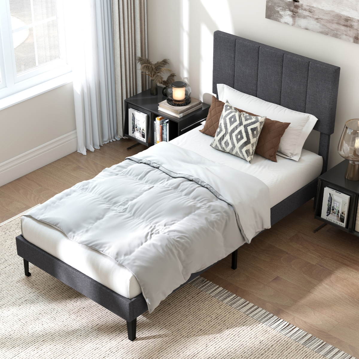 HU11141US-TGR Linen Upholstered Platform Bed with Height Adjustable Vertical Channel Headboard - Gray - Twin Size