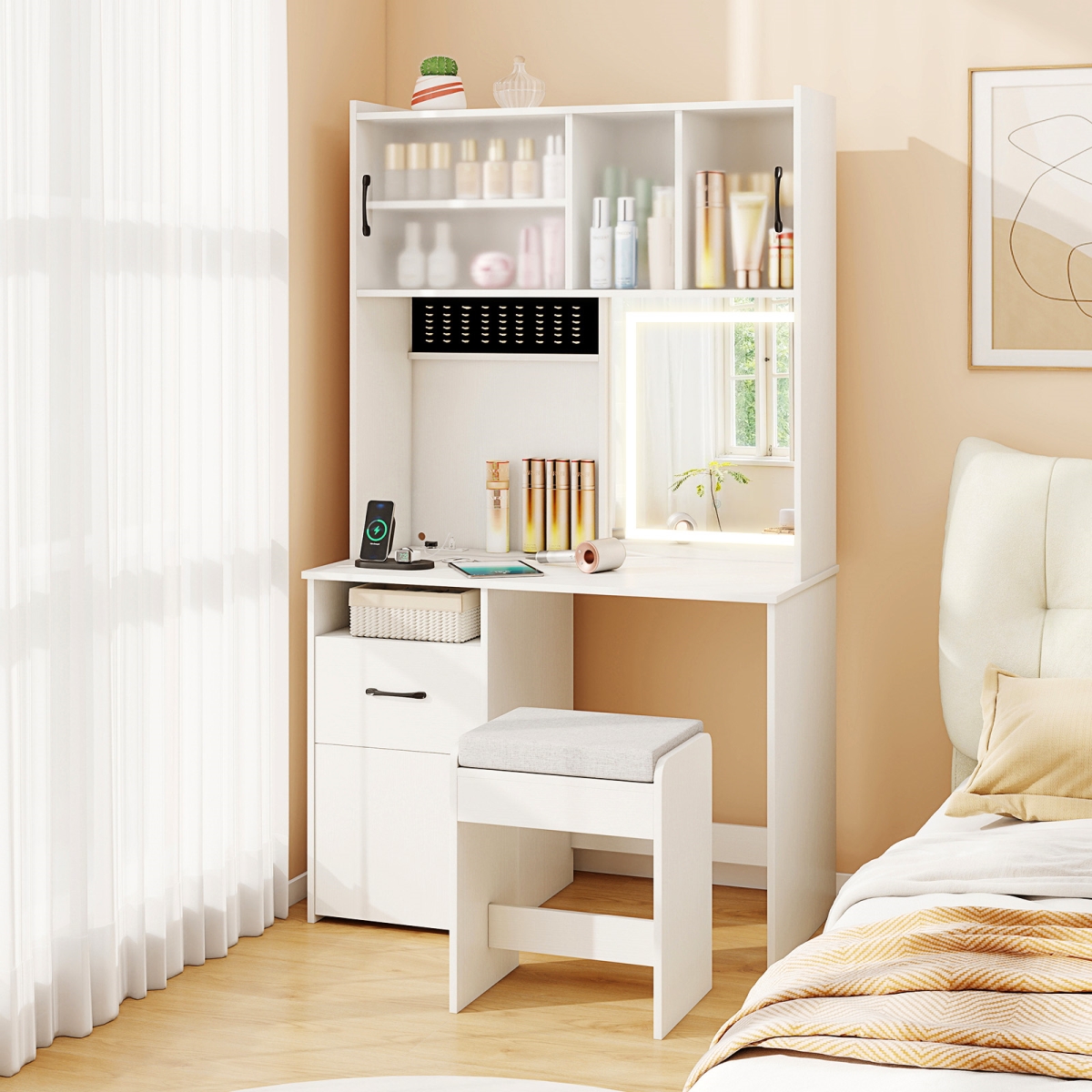 HU11225US-WH- 67 in. Tall Vanity Set with Mirror Makeup Dressing Table with Charging Station - White