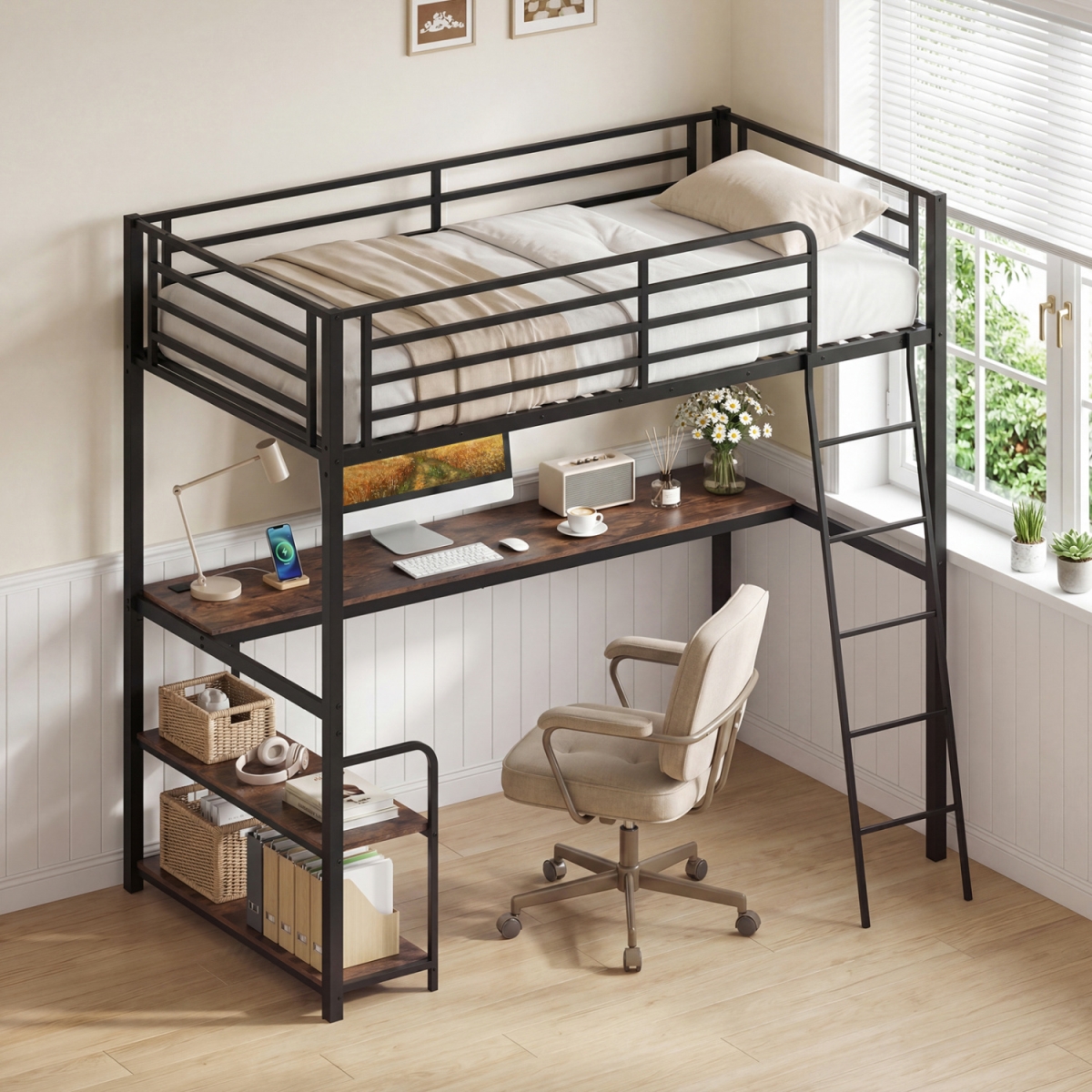 HU11334US-CF- Loft Bed with Desk & Shelves for Kids & Adults - Rustic Brown - Twin Size