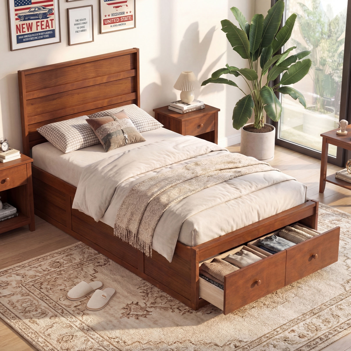 HU11367BN-T Bed Frame with Storage Drawers & Headboard - Walnut - Twin Size