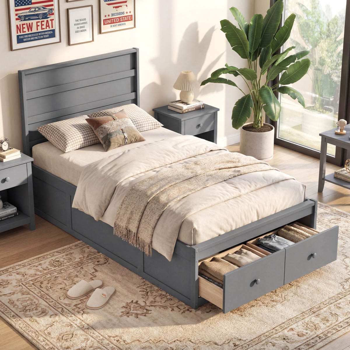 HU11367GR-T Bed Frame with Storage Drawers & Headboard - Gray - Twin Size