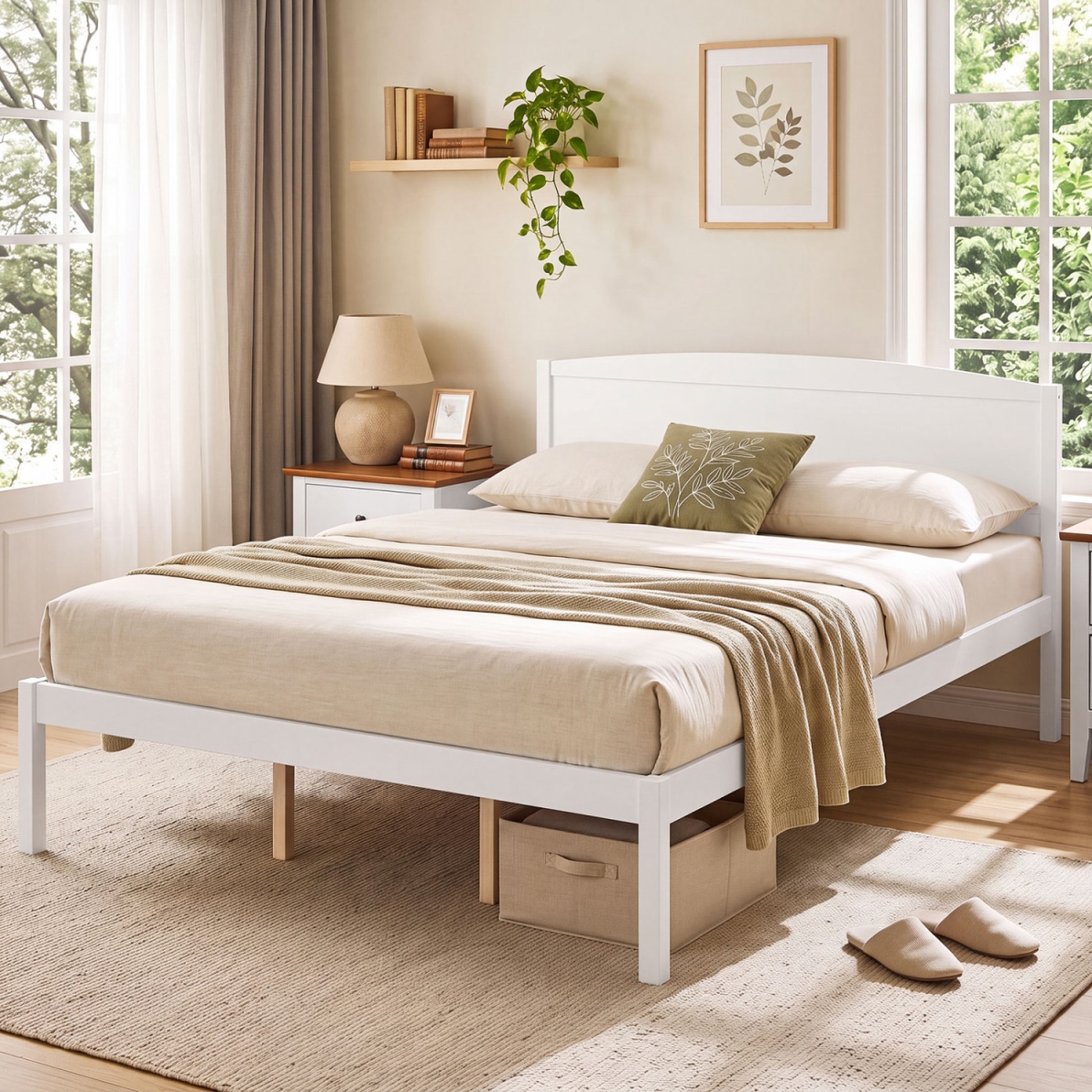 HU11498BS-Q Wooden Platform Bed Frame with Curved Headboard - White - Queen Size