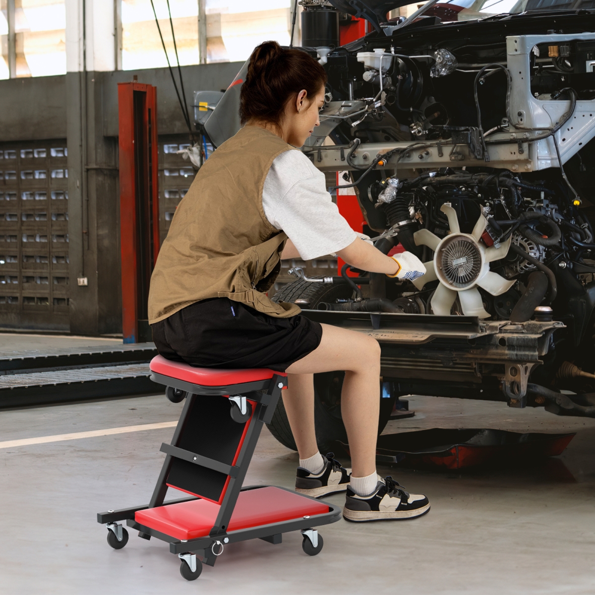 AU10060RE 2-in-1 Folding Low Profile Mechanic Creeper with Padded Seat & 6 Wheels - Red