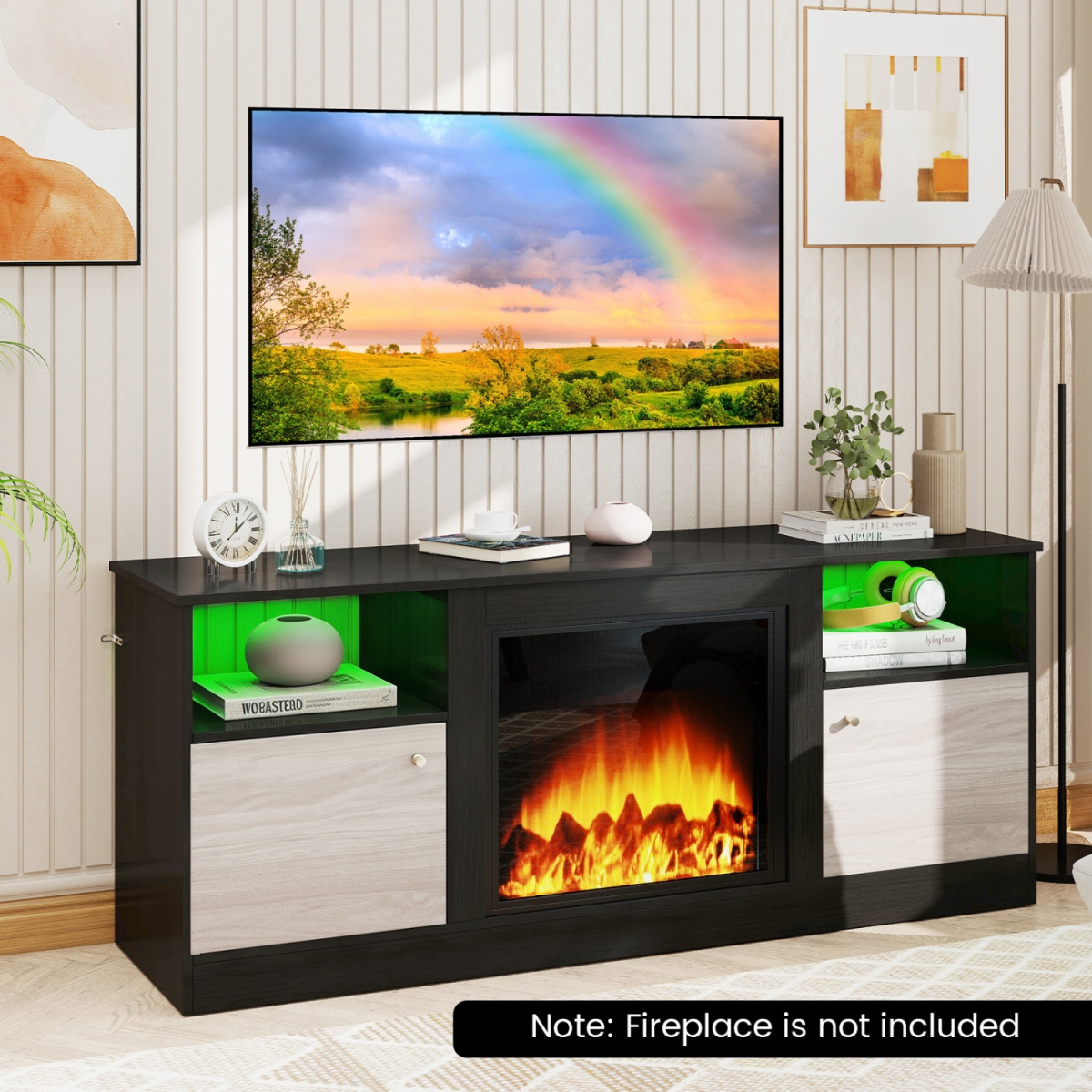 HV10859US-DK- Entertainment Center with Adjustable Shelf & Open Compartment for 65 in. TVs - Black