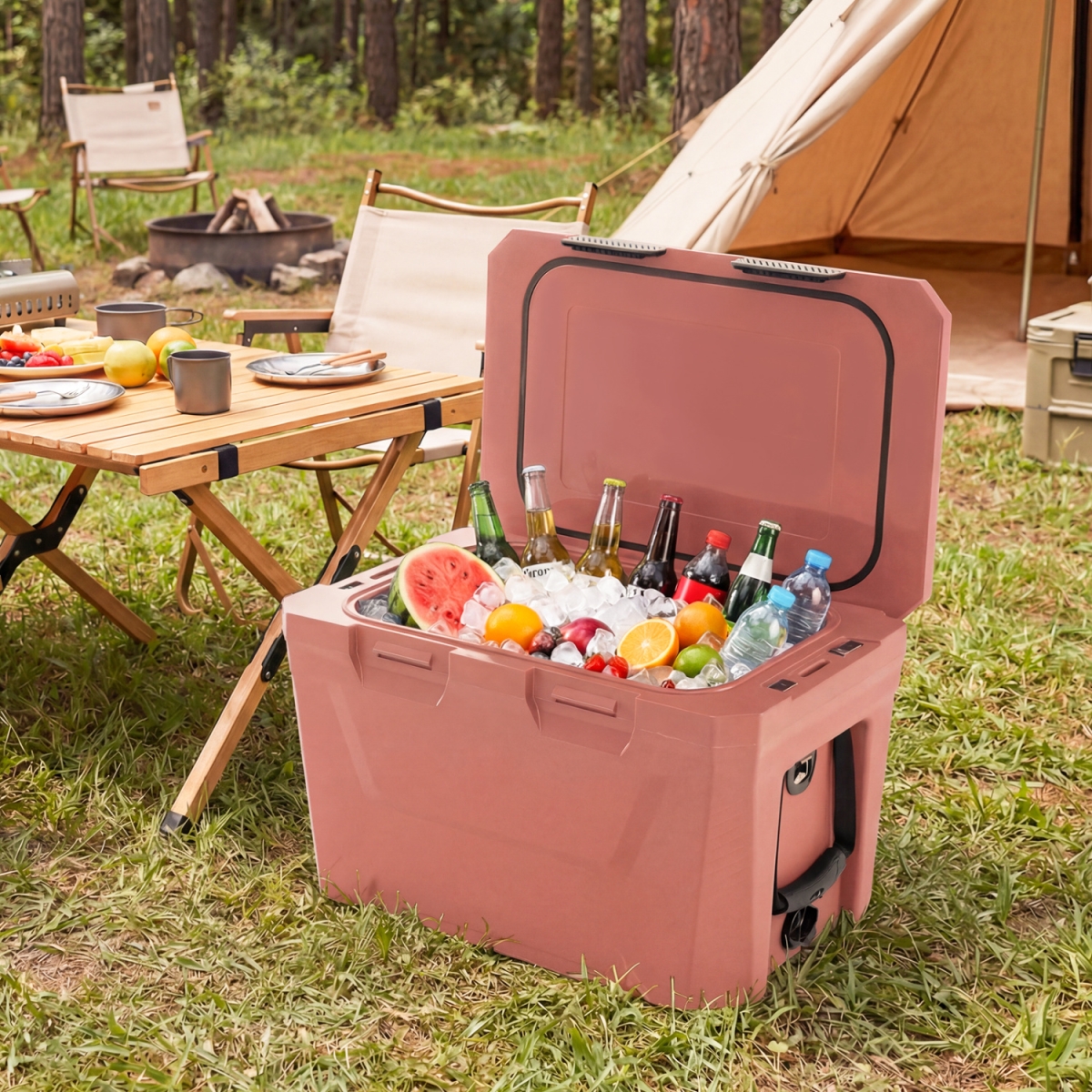 GP11796PI Insulated Portable Cooler Hard Shell Ice Chest with 2 Cup Holders Bottle Opener & Drain Plug - Pink