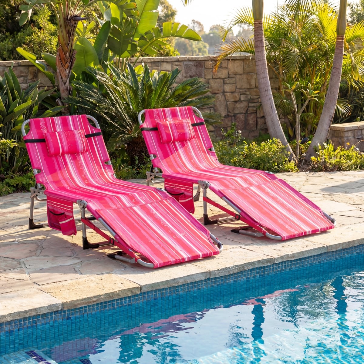 2-NP13351FS Tanning Chairs with Face Arm Holes Portable with 4-Level Backrest - Pink Strip - Set of 2