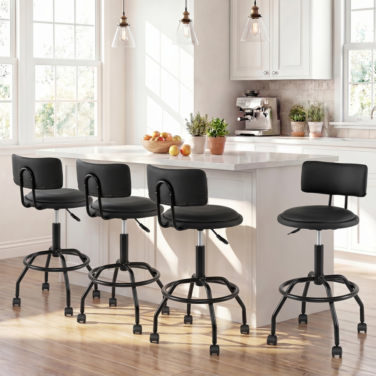 4-JV14650DK-1 Modern Swivel Height Adjustable Bar Stool with Backrest - Black - Set of 4