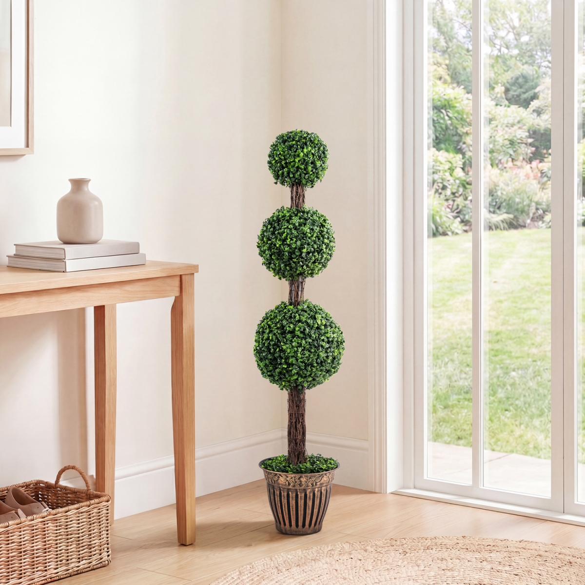 HZ10567GN 4 ft. Artificial Triple Ball Boxwood Tree with Cement-Filled Retro Planter - Green