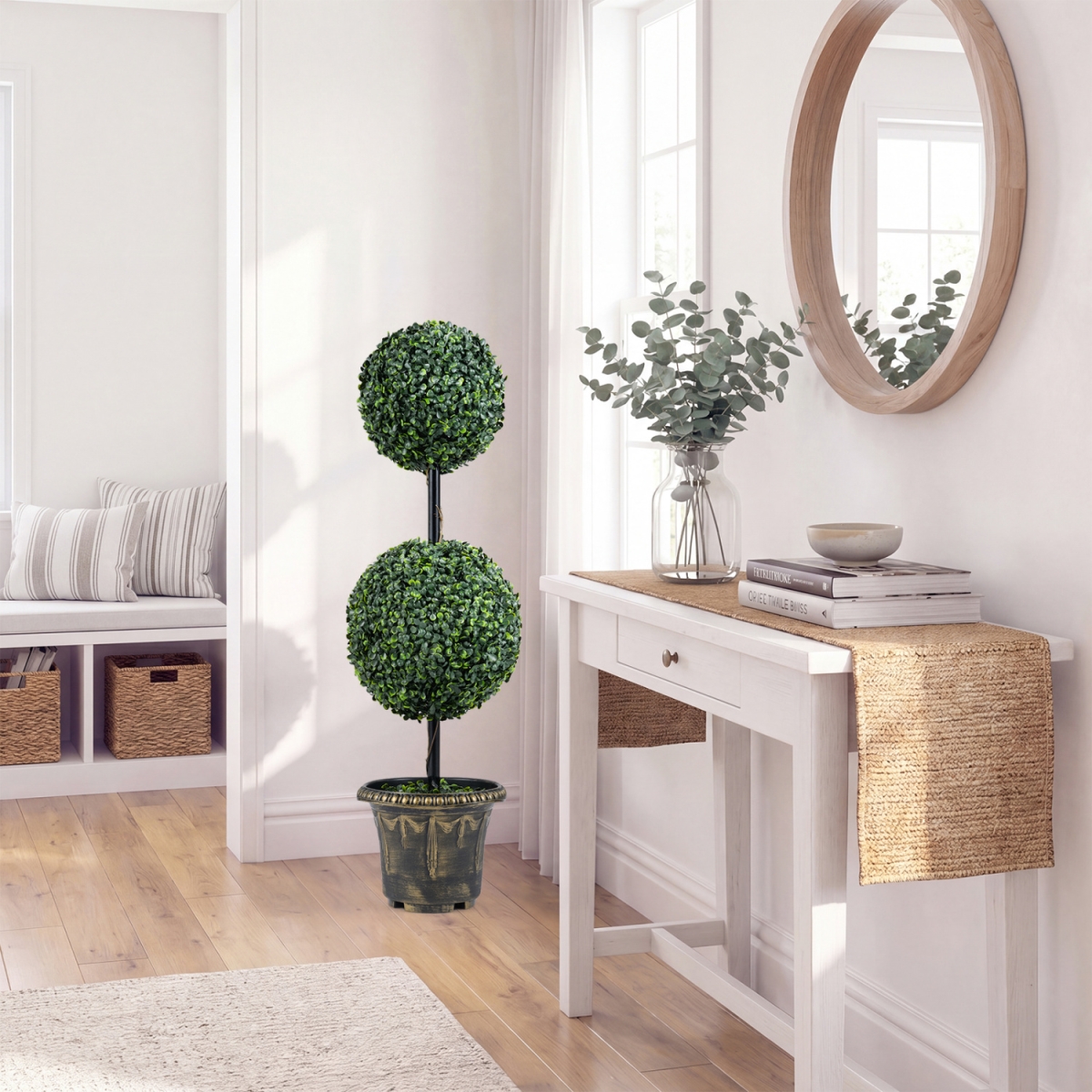 HZ10605 3 ft. Artificial Boxwood Topiary Tree Double Ball Shrubs - Green, Black & Golden