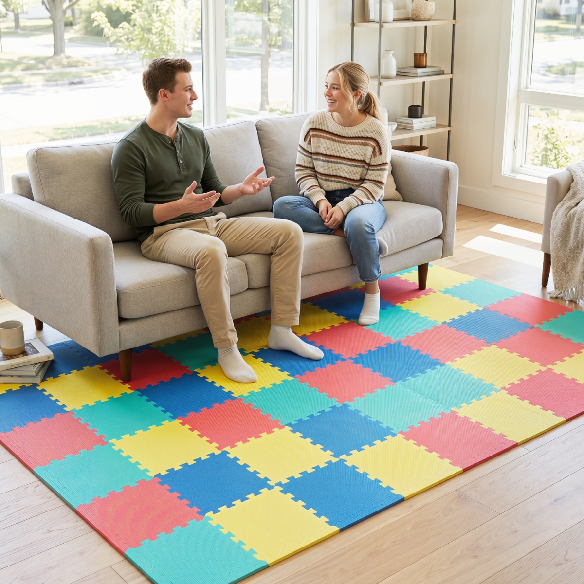 HZ10636CL-18 Interlocking EVA Foam Floor Tiles Mat with Borders - Multi Color - Pack of 18