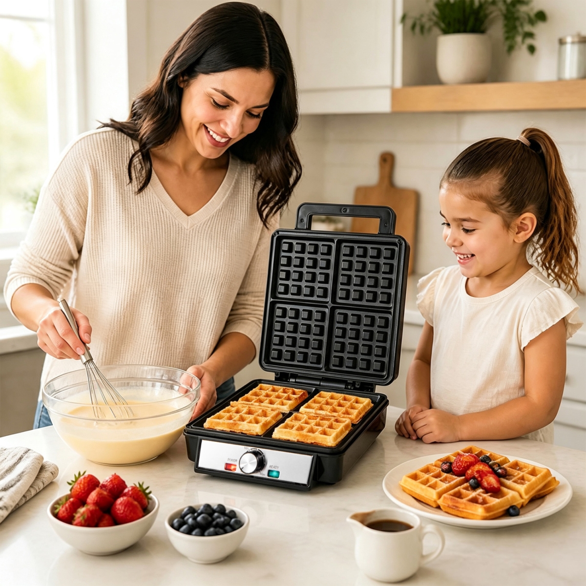 ES10792US-DK Belgian Waffle Maker 4-Slice 1200W with Browning Knob & Nonstick Plates - Black & Silver