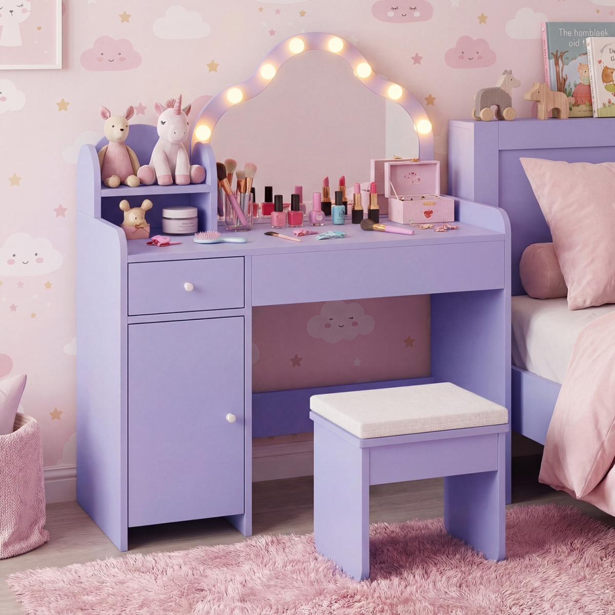 HY10537PU Kids Vanity Desk with Mirror & Lights Princess Pretend Play Dressing Table - Purple