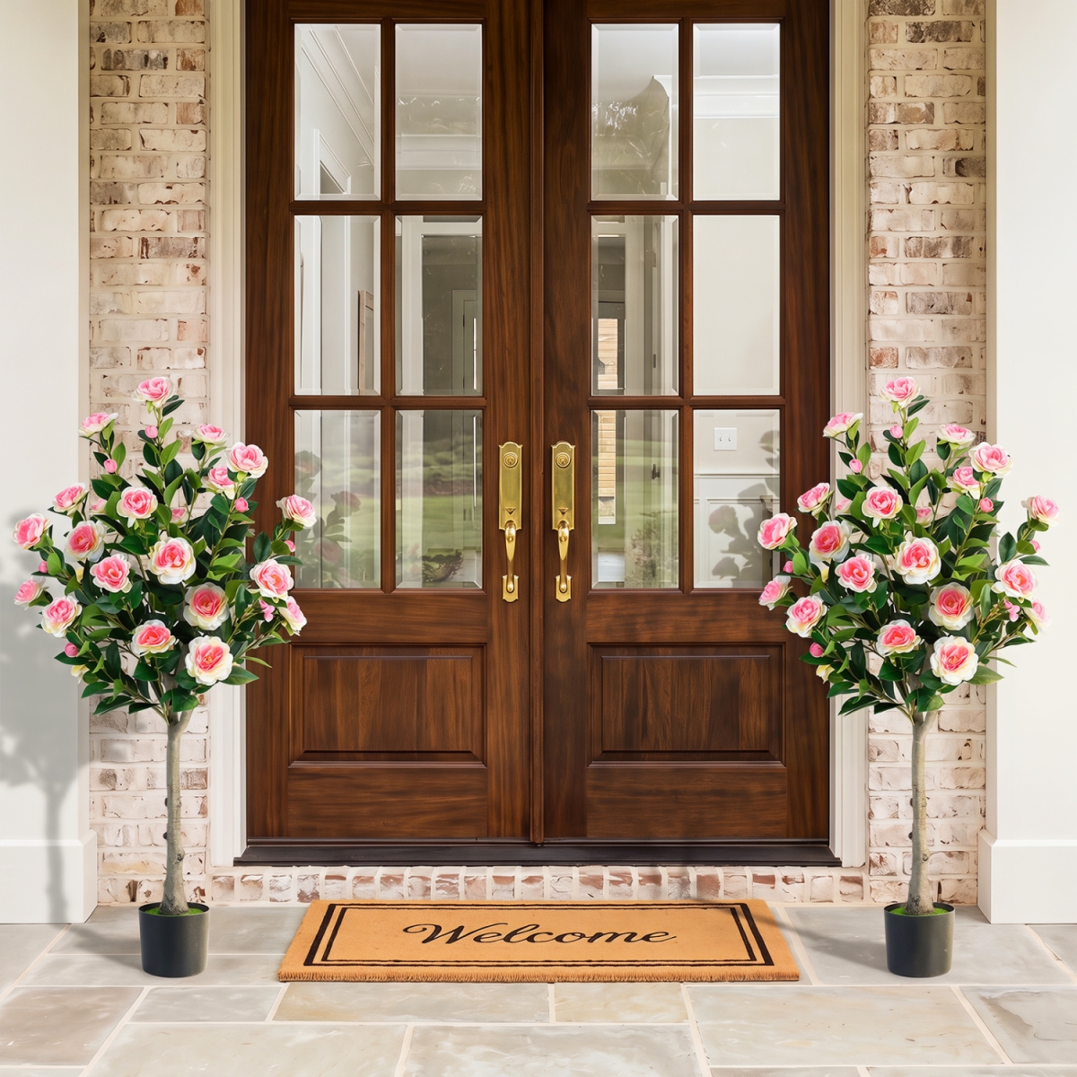 HZ10578-2 Artificial Camellia Tree with 27 Blossoms in Cement Pot for Home - Pink, Green & Black - Set of 2