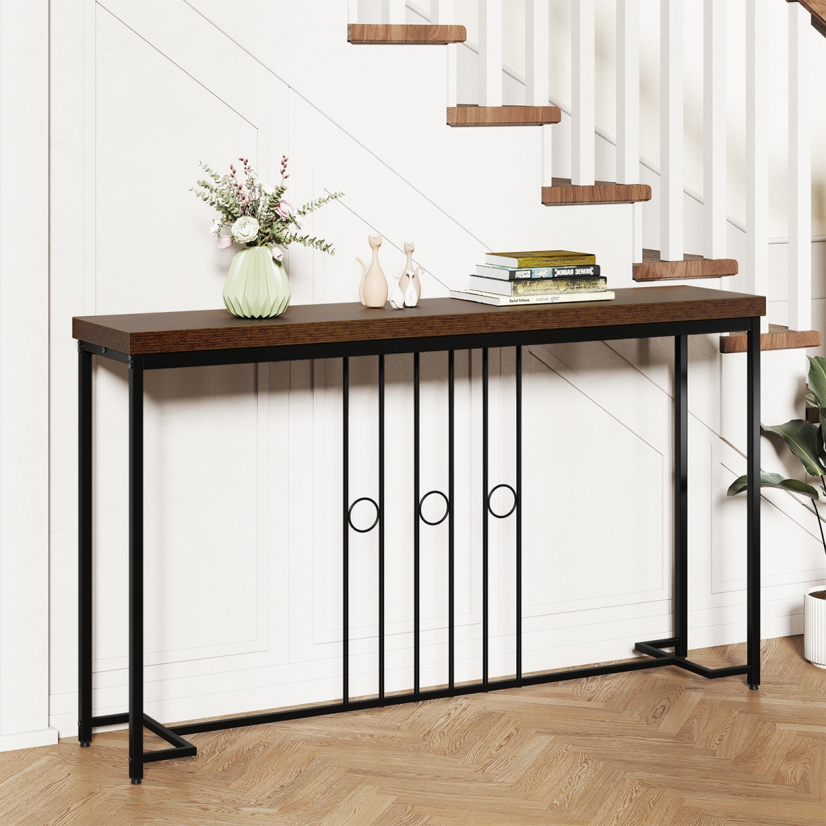 JV13296CF 55 in. Industrial Console Table with H-Shaped Base - Brown