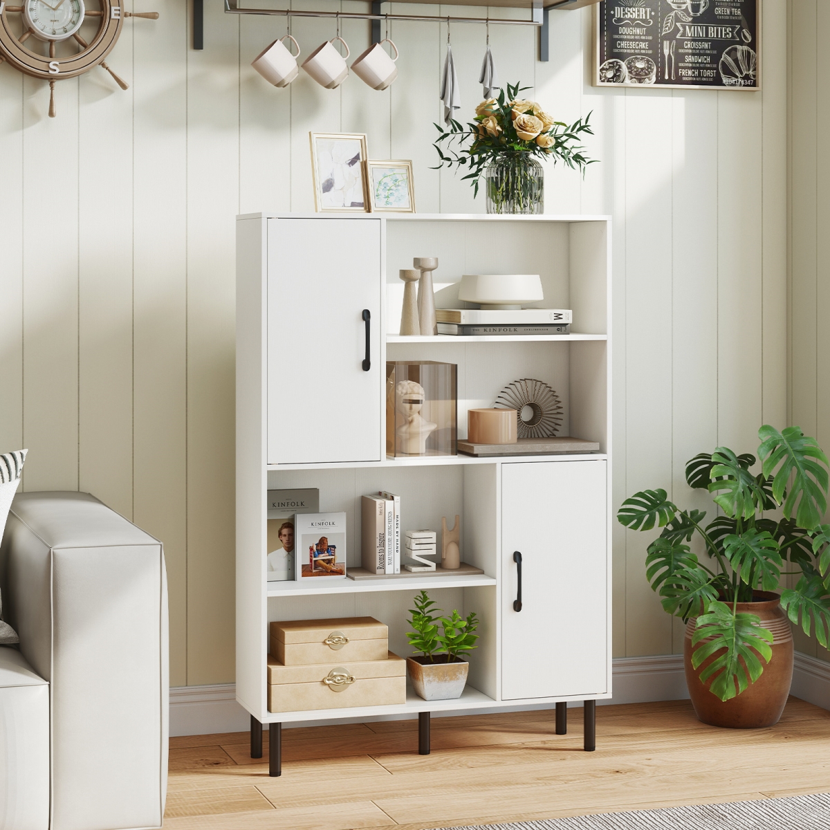 JV13372WH 47 in. Storage Cabinet Freestanding Bookcase with 2 Doors & 4 Open Shelves - White