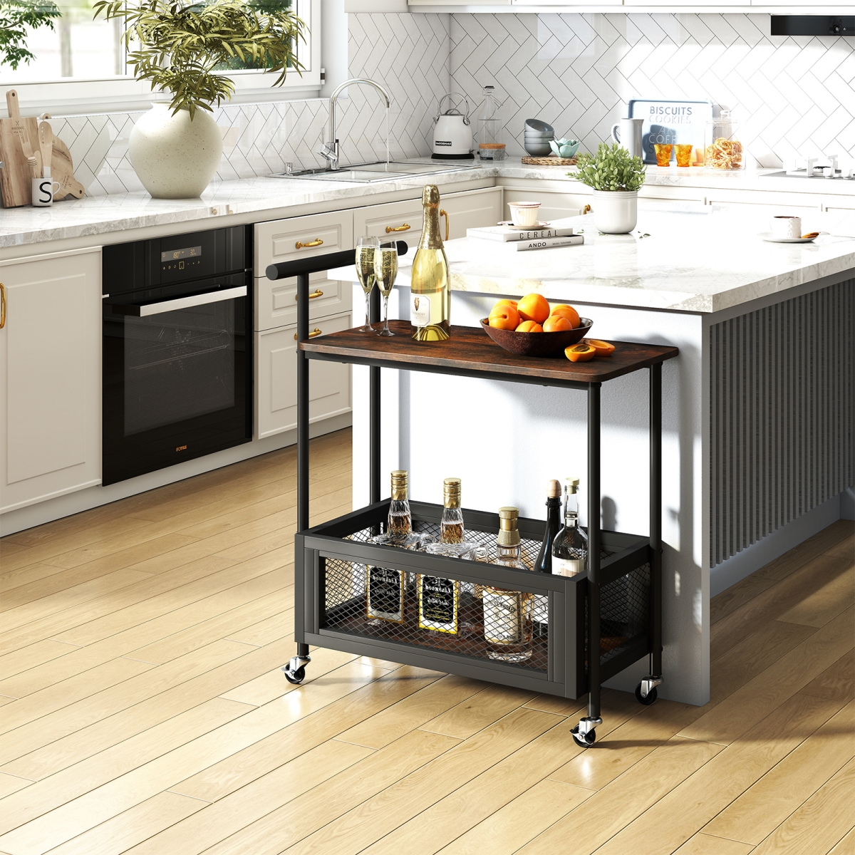 JV13386CF 2-Tier Rolling End Table with Handle & Mesh Basket - Rustic Brown