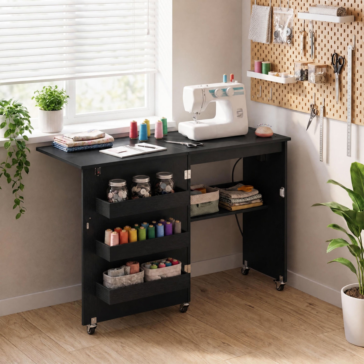 HW73607US-DK Sewing Machine Table with Charging Station & Lockable Casters - Black