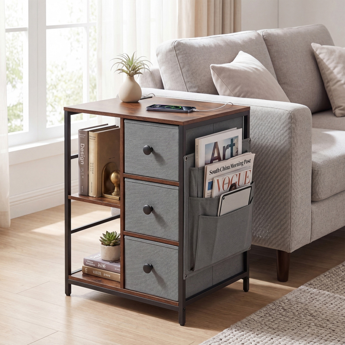 JV13446US-CF Side Table with Charging Station Industrial Nightstand with Open Shelves - Rustic Brown