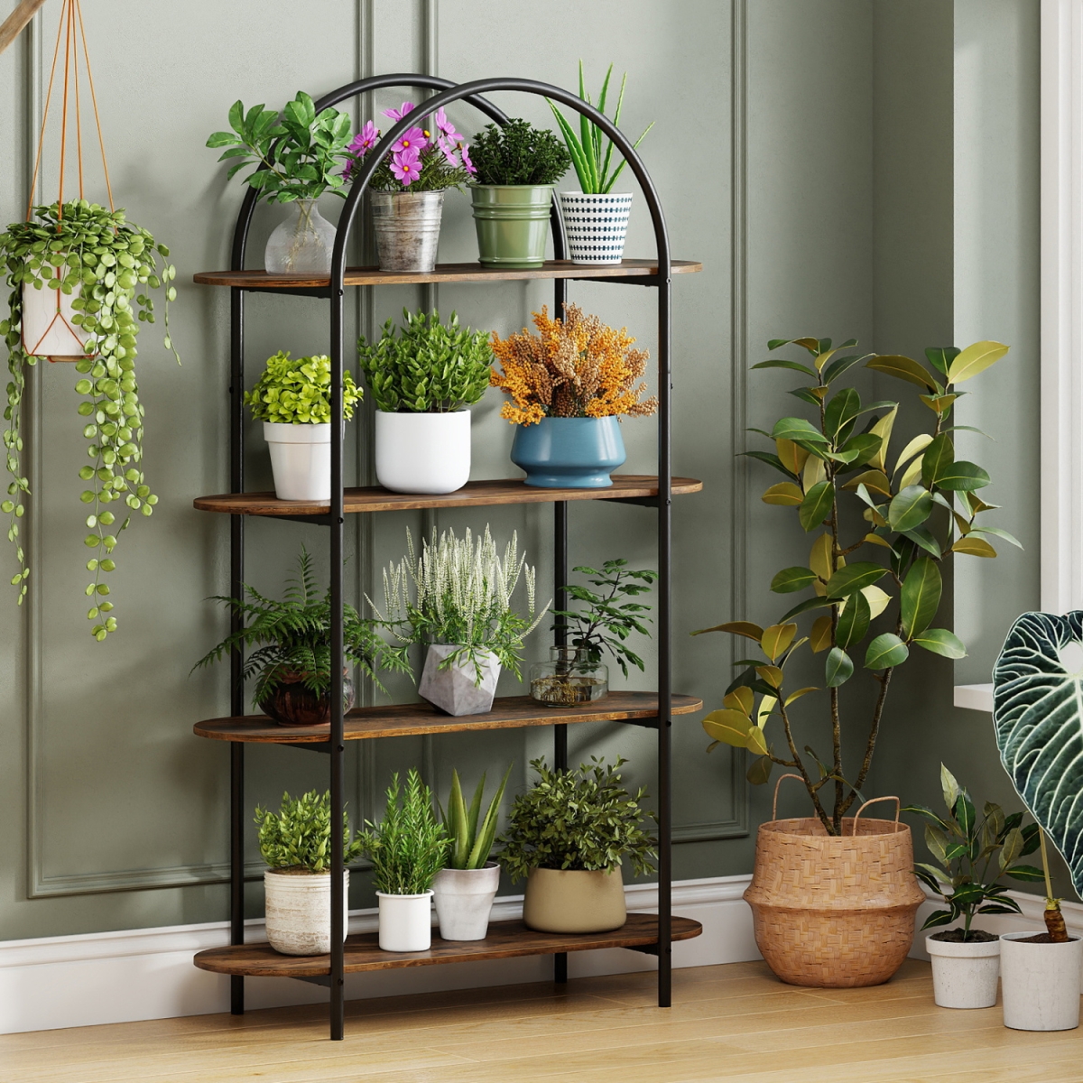JV13496CF 4-Tier Open Bookcase with Sturdy Metal Frame for Living Room - Rustic Brown
