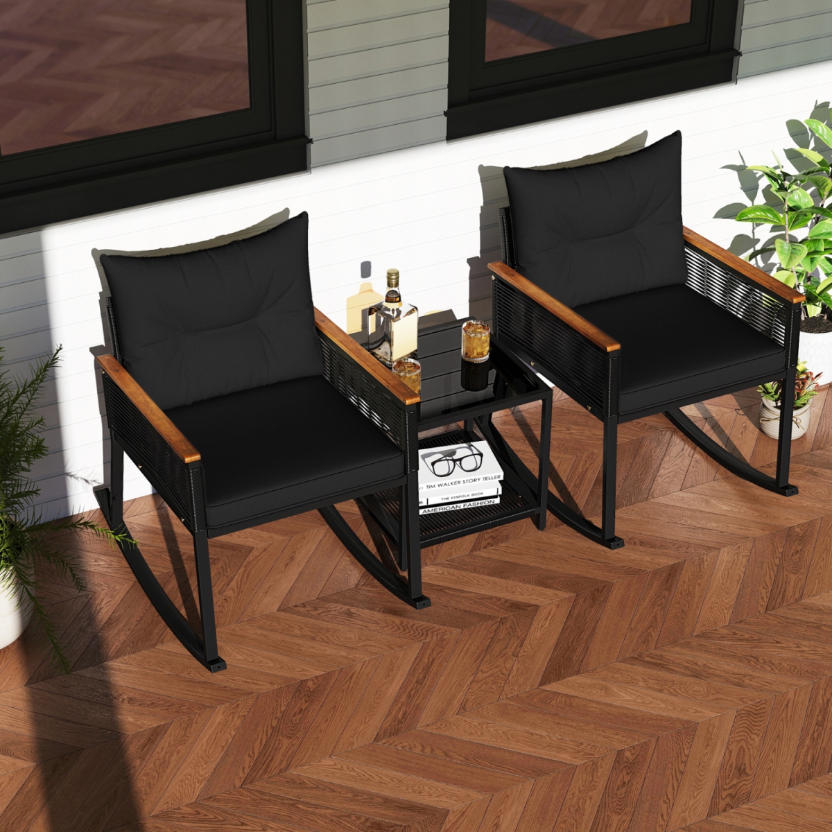 HW74039DK-F Outdoor PE Rattan Rocking Bistro Set with 2-Tier Coffee Table - Black - 3 Piece