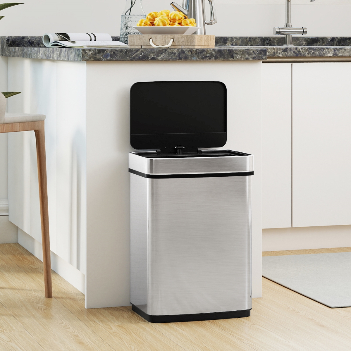 GY10029SL 16 gal Trash Can Infrared Motion Sensor Garbage Can with Dual Compartments - Silver