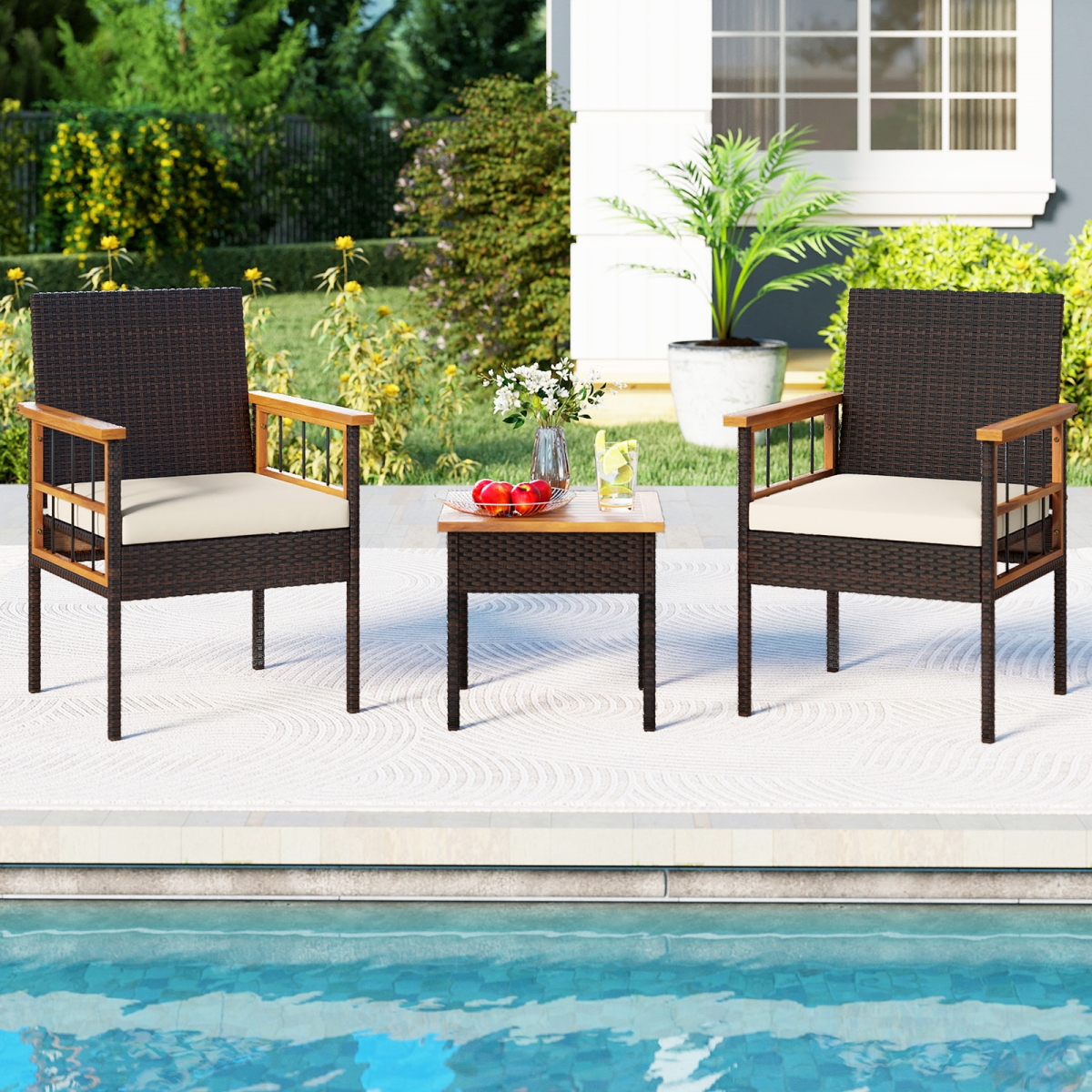 HW74901WH Wicker Furniture Set with Acacia Wood Tabletop & Armrest for Balcony - White - 3 Piece