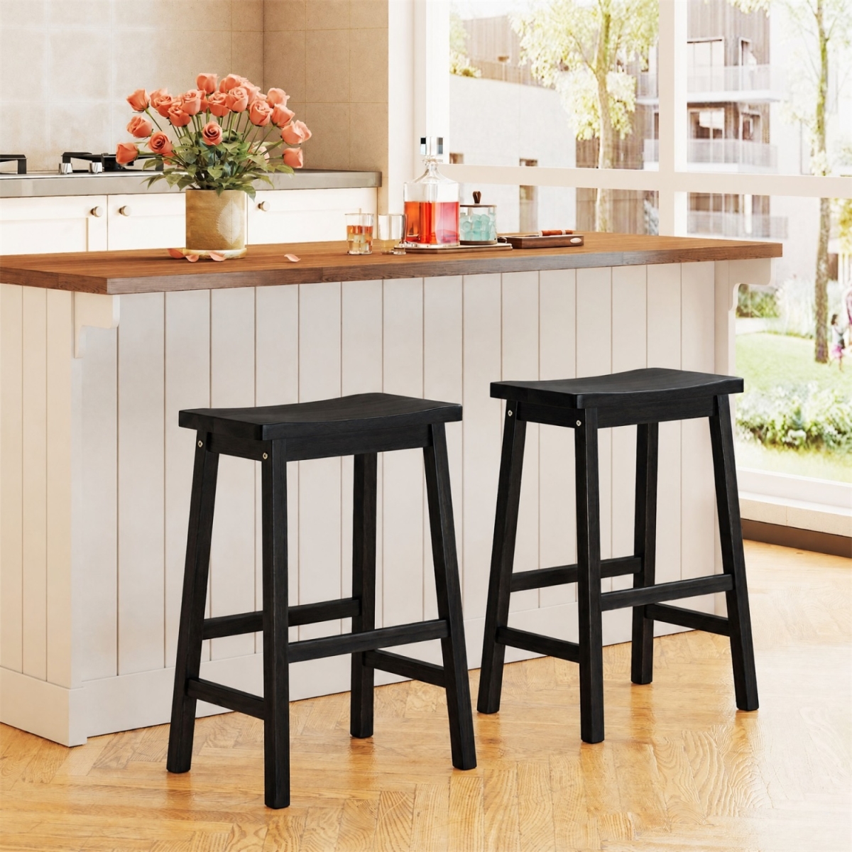 JV13217DK-24 Saddle-Seat Counter Height Stools with Curved Seat & Footrests - Black - Set of 2