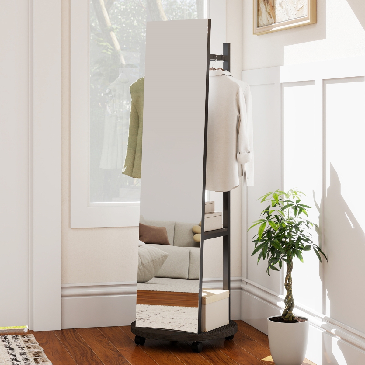 JV13313DT Coat Rack with Full Length Mirror Freestanding Coat Tree with 3 Hooks - Walnut