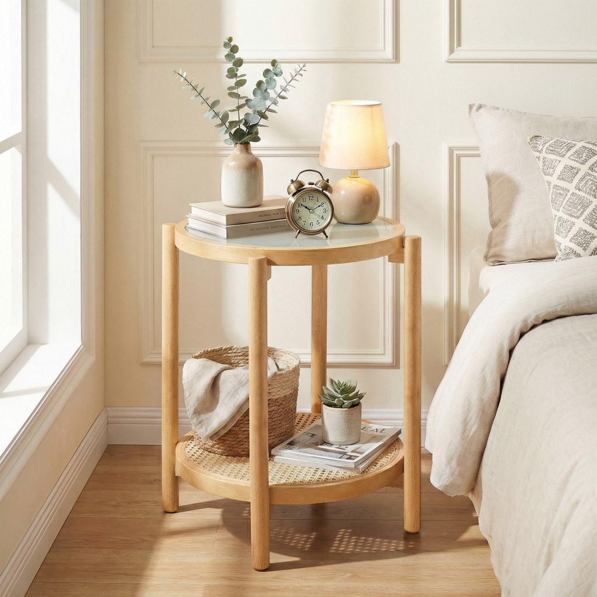 JV13331NA Round Side Table 2-Tier Boho End Table with Tempered Glass Top - Natural