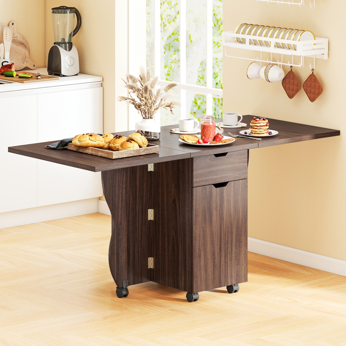JV13394WN Folding Dining Table 3-in-1 Space-Saving Drop Leaf Kitchen Table with Lockable Wheels - Walnut