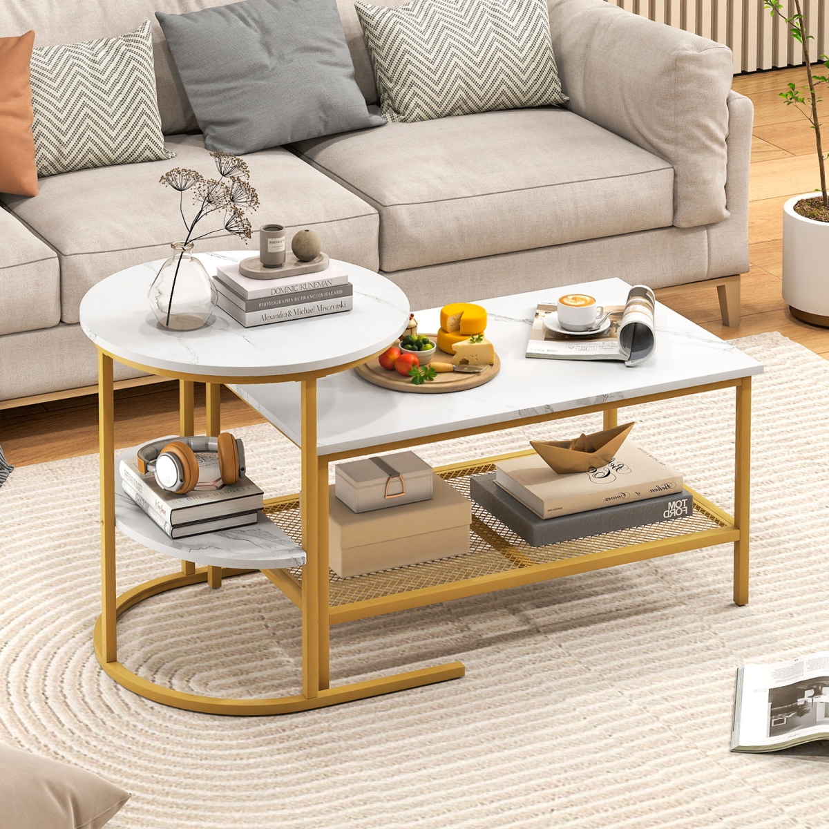 JV13177BS Coffee Table 2-Tier Rectangle Coffee Table & Side End Table with Storage Shelves - White & Golden